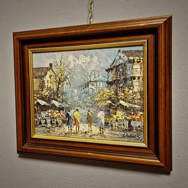 Antique Paris Street Scene Oil Painting, Antique French Artwork, Signed Impressionist Canvas, Parisian Market Scene, Caroline Burnett Style