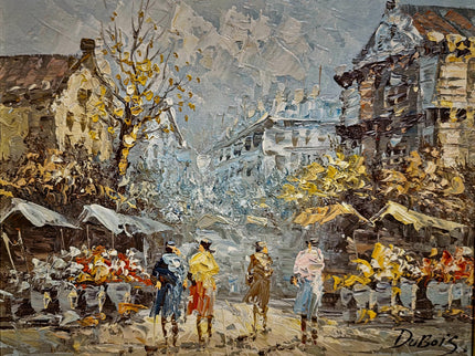 Antique Paris Street Scene Oil Painting, Antique French Artwork, Signed Impressionist Canvas, Parisian Market Scene, Caroline Burnett Style