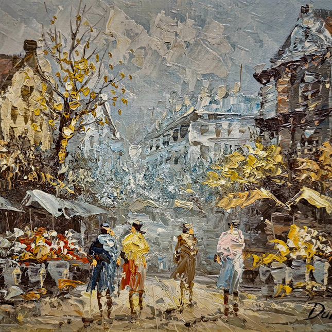 Antique Paris Street Scene Oil Painting, Antique French Artwork, Signed Impressionist Canvas, Parisian Market Scene, Caroline Burnett Style