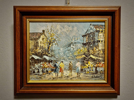 Antique Paris Street Scene Oil Painting, Antique French Artwork, Signed Impressionist Canvas, Parisian Market Scene, Caroline Burnett Style