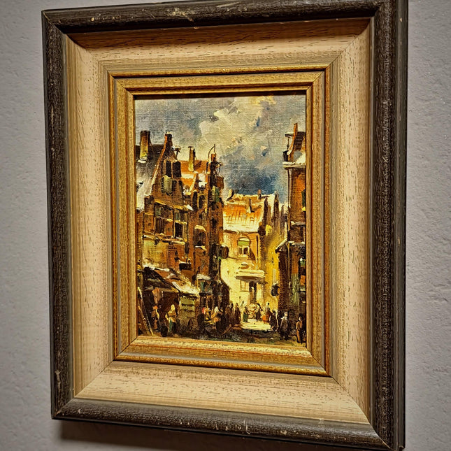 Vintage Street Scene Oil Painting, Signed Mid-Century Original Artwork, Framed European Cityscape Art, Atmospheric Townscape Wall Decor