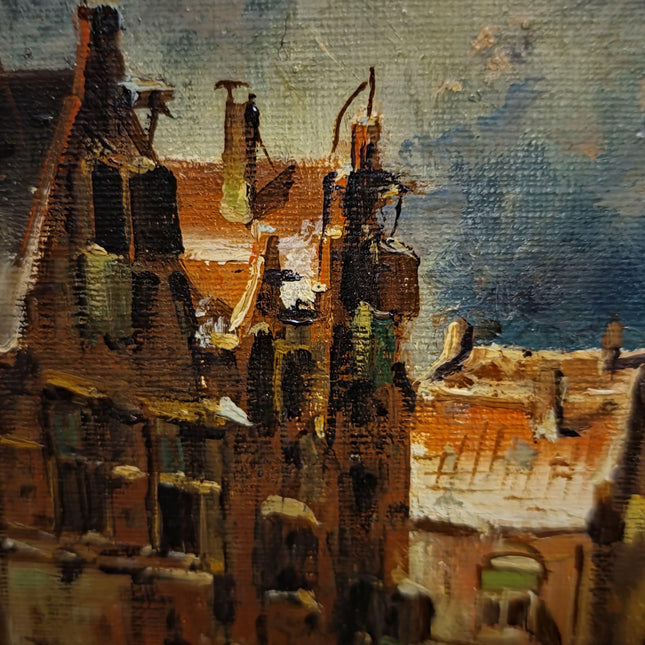 Vintage Street Scene Oil Painting, Signed Mid-Century Original Artwork, Framed European Cityscape Art, Atmospheric Townscape Wall Decor