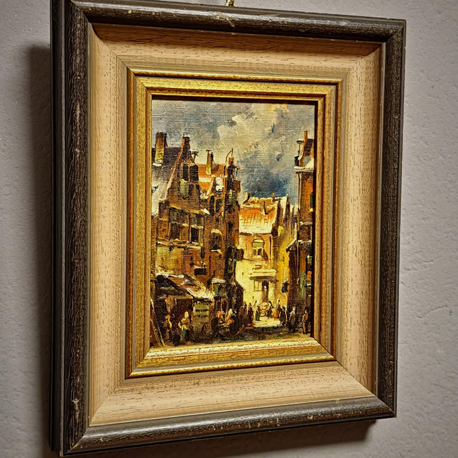 Vintage Street Scene Oil Painting, Signed Mid-Century Original Artwork, Framed European Cityscape Art, Atmospheric Townscape Wall Decor