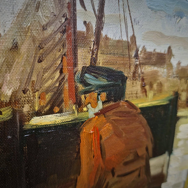 Large Vintage Belgian Harbor Oil Painting, Signed Fishing Port Scene, Nautical Wall Art, Gold Framed Original European Marine Artwork