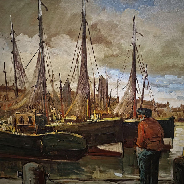 Large Vintage Belgian Harbor Oil Painting, Signed Fishing Port Scene, Nautical Wall Art, Gold Framed Original European Marine Artwork
