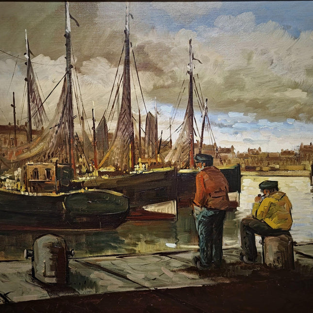 Large Vintage Belgian Harbor Oil Painting, Signed Fishing Port Scene, Nautical Wall Art, Gold Framed Original European Marine Artwork