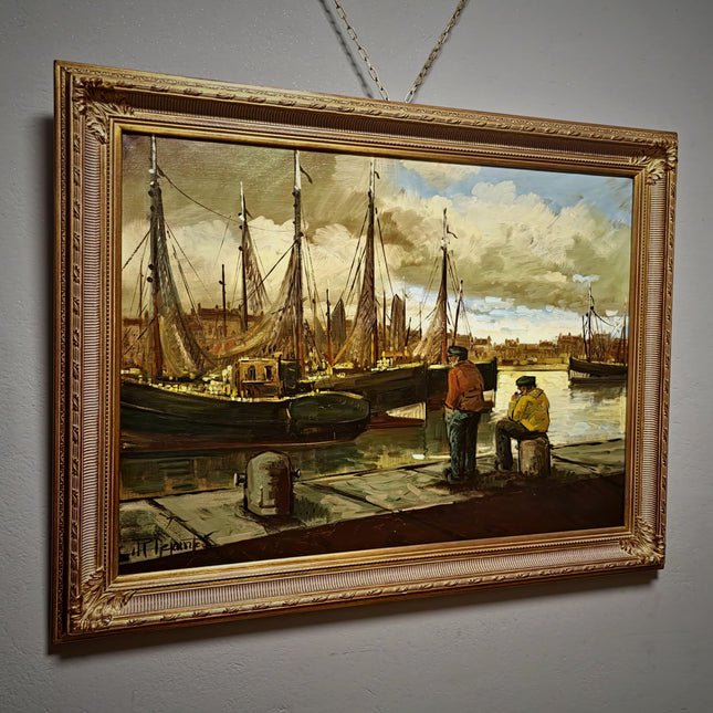 Large Vintage Belgian Harbor Oil Painting, Signed Fishing Port Scene, Nautical Wall Art, Gold Framed Original European Marine Artwork