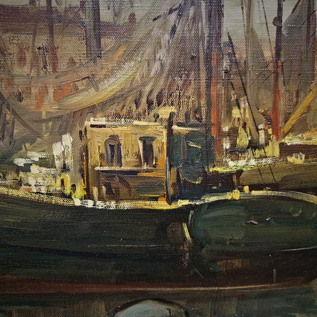 Large Vintage Belgian Harbor Oil Painting, Signed Fishing Port Scene, Nautical Wall Art, Gold Framed Original European Marine Artwork