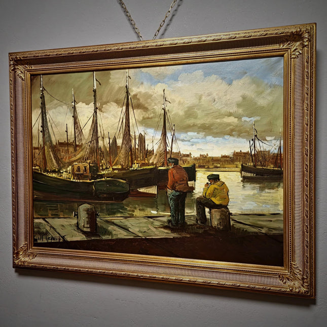 Large Vintage Belgian Harbor Oil Painting, Signed Fishing Port Scene, Nautical Wall Art, Gold Framed Original European Marine Artwork