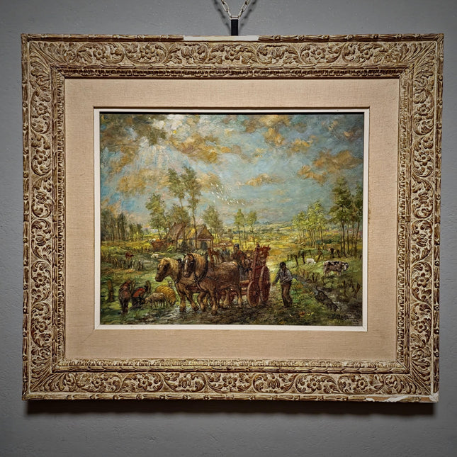 Large Vintage Belgian Landscape Oil Painting, Signed Horse & Cart Scene, Mid Century Framed Pastoral Artwork, Rustic European Wall Decor