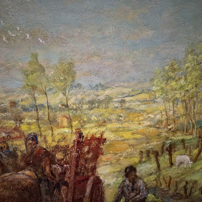 Large Vintage Belgian Landscape Oil Painting, Signed Horse & Cart Scene, Mid Century Framed Pastoral Artwork, Rustic European Wall Decor