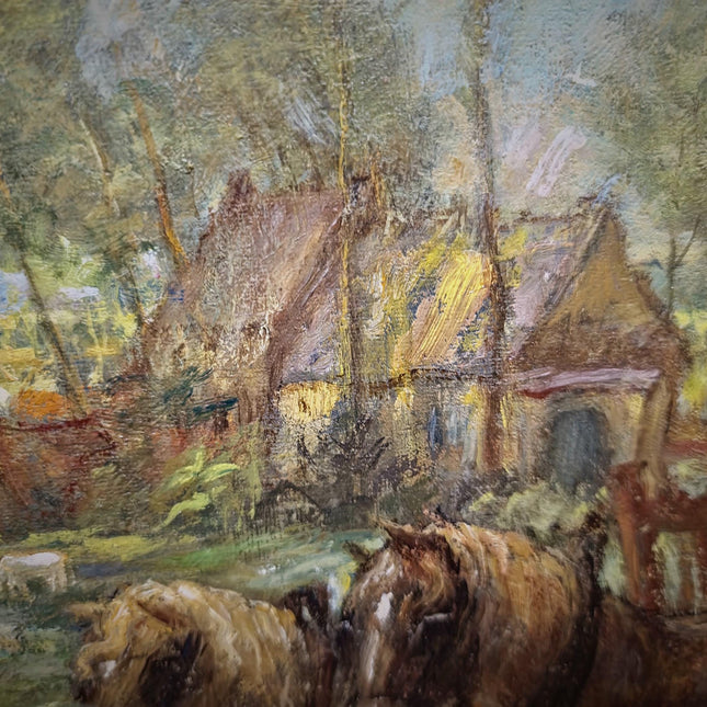 Large Vintage Belgian Landscape Oil Painting, Signed Horse & Cart Scene, Mid Century Framed Pastoral Artwork, Rustic European Wall Decor