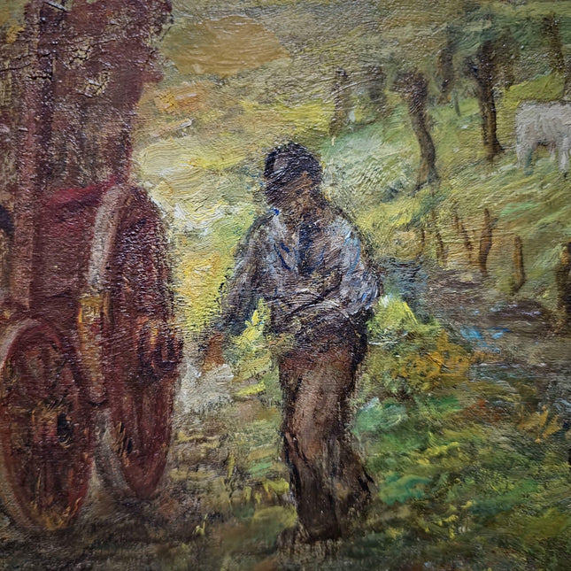Large Vintage Belgian Landscape Oil Painting, Signed Horse & Cart Scene, Mid Century Framed Pastoral Artwork, Rustic European Wall Decor