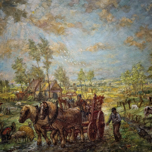 Large Vintage Belgian Landscape Oil Painting, Signed Horse & Cart Scene, Mid Century Framed Pastoral Artwork, Rustic European Wall Decor