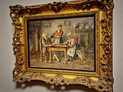 Antique Oil Painting, Interior Genre Scene, Card Players, Signed Artwork, Framed Gold Baroque Rococo Frame, Collectible European Fine Art