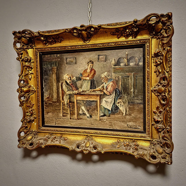 Antique Oil Painting, Interior Genre Scene, Card Players, Signed Artwork, Framed Gold Baroque Rococo Frame, Collectible European Fine Art