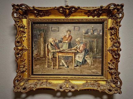 Antique Oil Painting, Interior Genre Scene, Card Players, Signed Artwork, Framed Gold Baroque Rococo Frame, Collectible European Fine Art