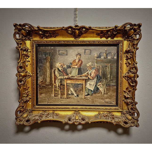 Antique Oil Painting, Interior Genre Scene, Card Players, Signed Artwork, Framed Gold Baroque Rococo Frame, Collectible European Fine Art