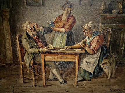 Antique Oil Painting, Interior Genre Scene, Card Players, Signed Artwork, Framed Gold Baroque Rococo Frame, Collectible European Fine Art