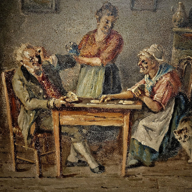 Antique Oil Painting, Interior Genre Scene, Card Players, Signed Artwork, Framed Gold Baroque Rococo Frame, Collectible European Fine Art
