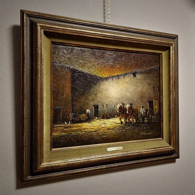 Vintage Oil Painting, Belgian Rural Scene, Dark Moody Farm Interior, Signed Artwork, Horses Chickens Farmyard, Collectible European Fine Art