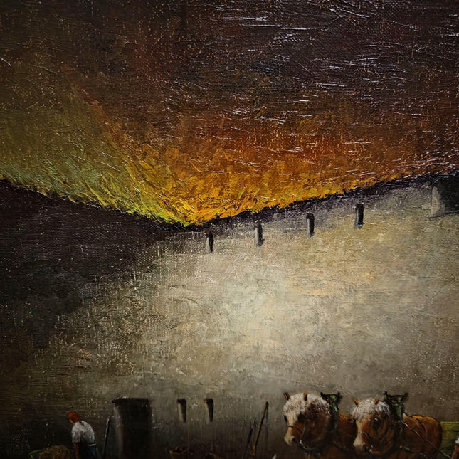 Vintage Oil Painting, Belgian Rural Scene, Dark Moody Farm Interior, Signed Artwork, Horses Chickens Farmyard, Collectible European Fine Art