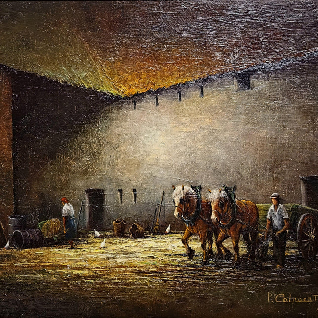 Vintage Oil Painting, Belgian Rural Scene, Dark Moody Farm Interior, Signed Artwork, Horses Chickens Farmyard, Collectible European Fine Art