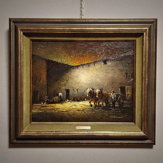 Vintage Oil Painting, Belgian Rural Scene, Dark Moody Farm Interior, Signed Artwork, Horses Chickens Farmyard, Collectible European Fine Art