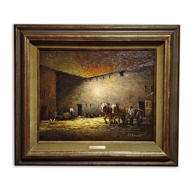 Vintage Oil Painting, Belgian Rural Scene, Dark Moody Farm Interior, Signed Artwork, Horses Chickens Farmyard, Collectible European Fine Art