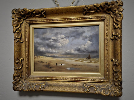 Antique Dutch Seascape Oil Painting, Dark Moody Marine Landscape, Signed Original in Gilded Frame, Nautical Wall Decor Collectible Fine Art