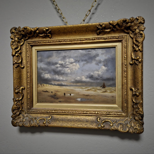 Antique Dutch Seascape Oil Painting, Dark Moody Marine Landscape, Signed Original in Gilded Frame, Nautical Wall Decor Collectible Fine Art