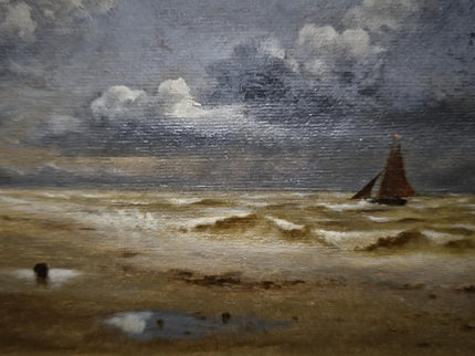 Antique Dutch Seascape Oil Painting, Dark Moody Marine Landscape, Signed Original in Gilded Frame, Nautical Wall Decor Collectible Fine Art
