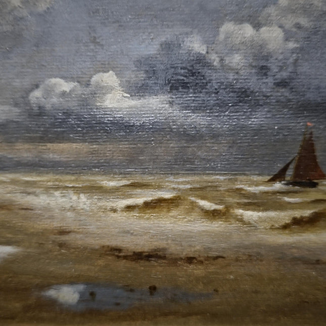 Antique Dutch Seascape Oil Painting, Dark Moody Marine Landscape, Signed Original in Gilded Frame, Nautical Wall Decor Collectible Fine Art