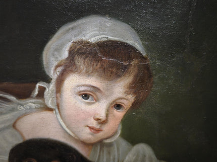 Antique 18th Century German Portrait Painting, Child with Dog Oil on Canvas, Dark Academia Wall Art, European Collectible Fine Art