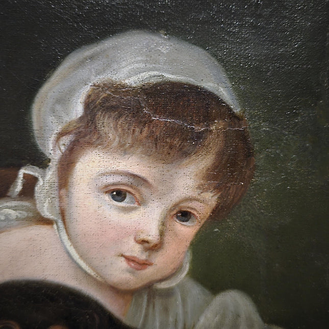Antique 18th Century German Portrait Painting, Child with Dog Oil on Canvas, Dark Academia Wall Art, European Collectible Fine Art
