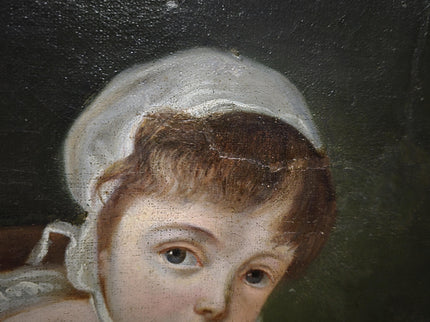 Antique 18th Century German Portrait Painting, Child with Dog Oil on Canvas, Dark Academia Wall Art, European Collectible Fine Art