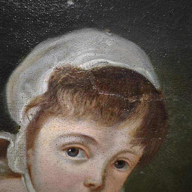 Antique 18th Century German Portrait Painting, Child with Dog Oil on Canvas, Dark Academia Wall Art, European Collectible Fine Art