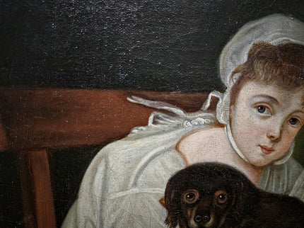 Antique 18th Century German Portrait Painting, Child with Dog Oil on Canvas, Dark Academia Wall Art, European Collectible Fine Art