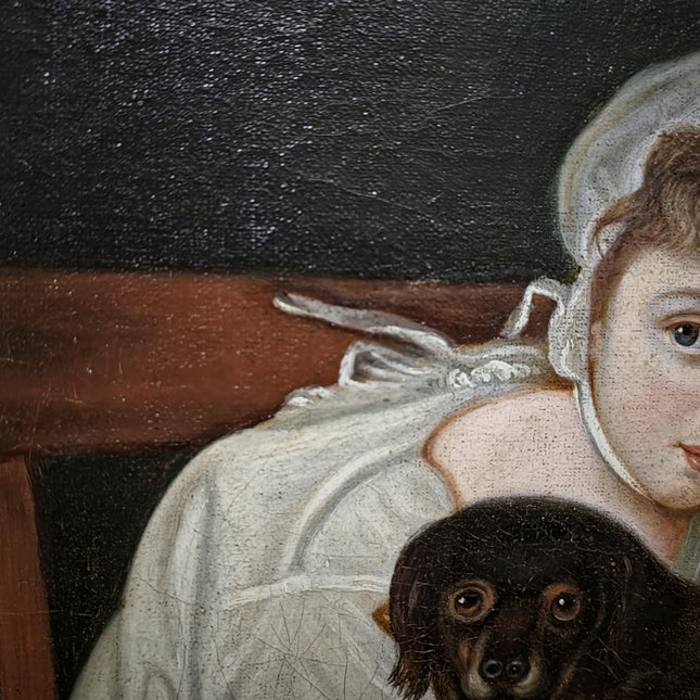 Antique 18th Century German Portrait Painting, Child with Dog Oil on Canvas, Dark Academia Wall Art, European Collectible Fine Art