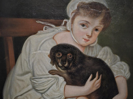 Antique 18th Century German Portrait Painting, Child with Dog Oil on Canvas, Dark Academia Wall Art, European Collectible Fine Art