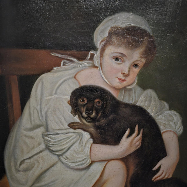 Antique 18th Century German Portrait Painting, Child with Dog Oil on Canvas, Dark Academia Wall Art, European Collectible Fine Art