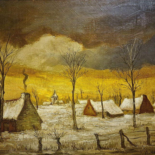 Vintage Belgian Oil Painting, Mid-Century Winter Landscape, Signed Flemish Artwork, Rustic Farmhouse Decor, Collectible European Fine Art