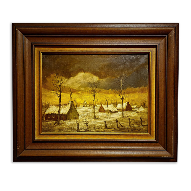 Vintage Belgian Oil Painting, Mid-Century Winter Landscape, Signed Flemish Artwork, Rustic Farmhouse Decor, Collectible European Fine Art