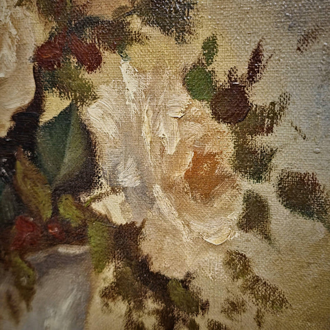 Vintage Belgian Oil Painting, Signed Floral Still Life, Large Gold Baroque Frame, Collectible European Fine Art, Dark Academia Decor