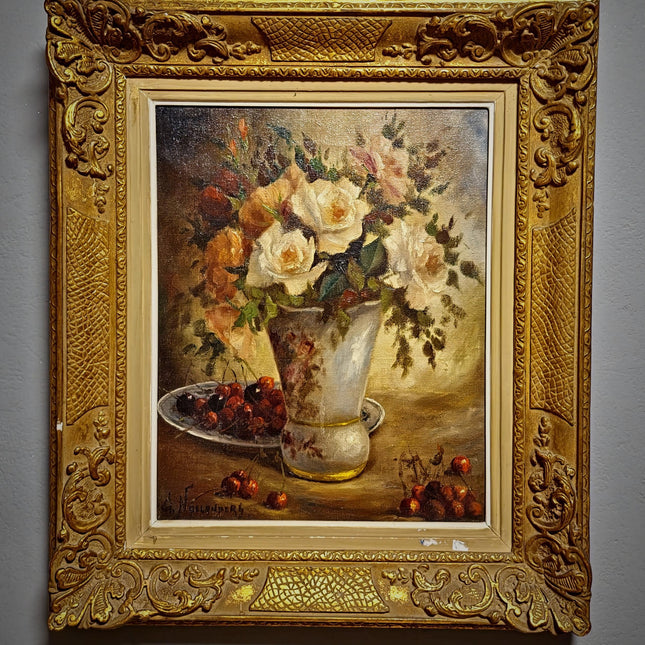 Vintage Belgian Oil Painting, Signed Floral Still Life, Large Gold Baroque Frame, Collectible European Fine Art, Dark Academia Decor