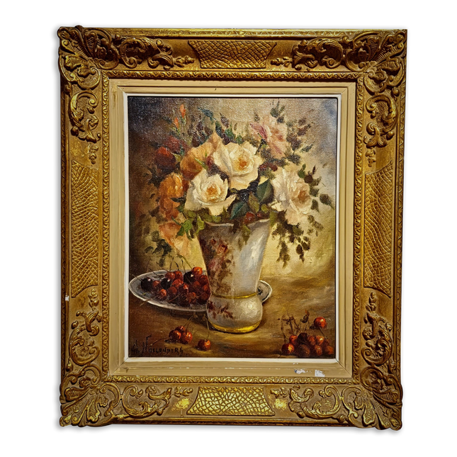 Vintage Belgian Oil Painting, Signed Floral Still Life, Large Gold Baroque Frame, Collectible European Fine Art, Dark Academia Decor