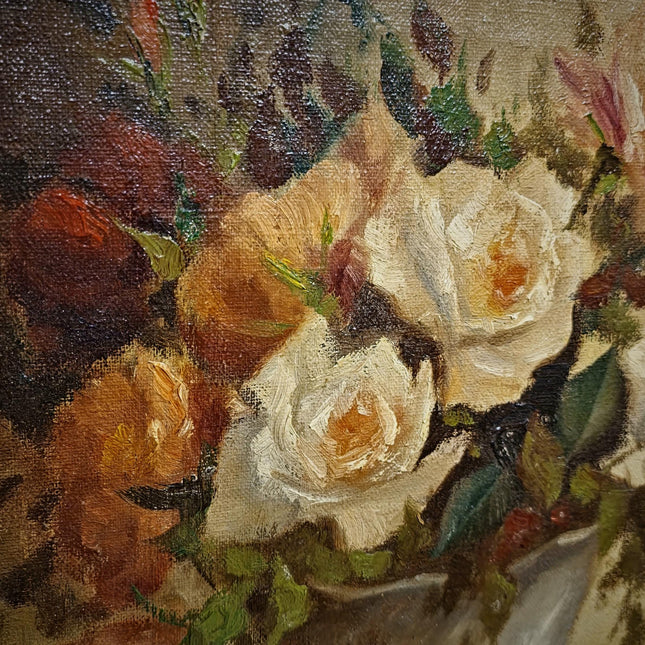 Vintage Belgian Oil Painting, Signed Floral Still Life, Large Gold Baroque Frame, Collectible European Fine Art, Dark Academia Decor