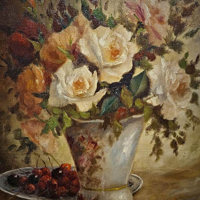 Vintage Belgian Oil Painting, Signed Floral Still Life, Large Gold Baroque Frame, Collectible European Fine Art, Dark Academia Decor
