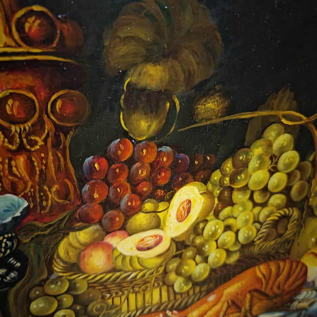 Large Signed Vintage Oil Painting, Neo-Baroque Flemish Still Life, Lobster Oysters Fruit, Framed European Fine Art, Dark Academia Decor
