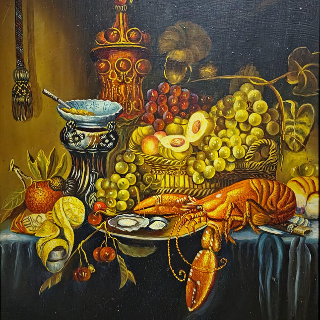 Large Signed Vintage Oil Painting, Neo-Baroque Flemish Still Life, Lobster Oysters Fruit, Framed European Fine Art, Dark Academia Decor